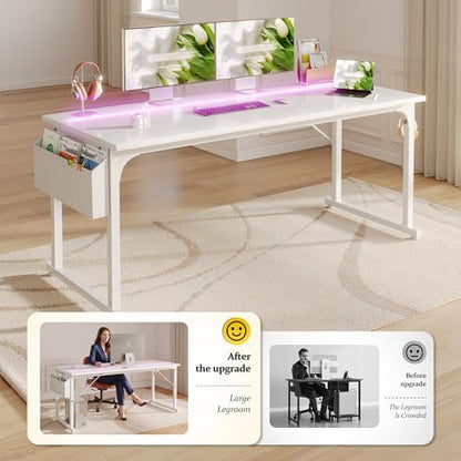 DurayLoly 55 Inch Computer Desk with Waterproof LED Lights for Bedroom - color: White, size: 55 Inch