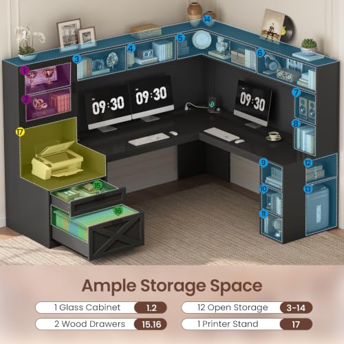 SEDETA 68" Farmhouse L Shaped Computer Desk with Hutch, Storage Drawers - color: Black, size: 68 inches