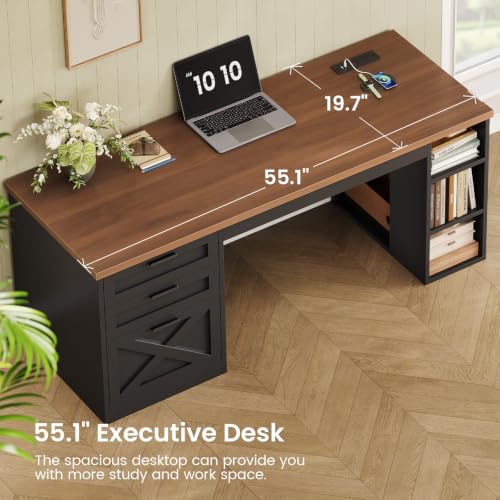 SEDETA 55.1" Farmhouse Office Desk with 3 Drawers for Home Office - color: Black and Brown, size: Executive Office Desk (55")
