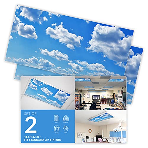 OCTO LIGHTS Fluorescent Light Covers for Classroom Office - Eliminate Harsh Glare Causing Eyestrain and Headaches. Office & Classroom Decorations - Cloud 001-2pk | ASTM E84 & UL723 Fire Safety Certified | Reduces Glare & Eye Strain | Easy Drop-In Install