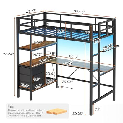 DICTAC Twin Loft Bed with L-Shaped Desk, LED Lights,Charging Station LED Metal Kids Loft Bed Twin Size with 3 Storage Shelves and 3 Fabric Drawers, Safety Guard & Ladder,No Box Spring Needed, Black - color: Black, size: Twin
