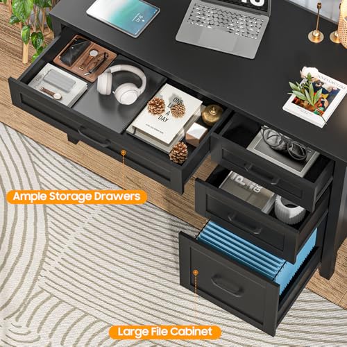 Vabches Farmhouse 47" Computer Desk with 4 Drawers, Pure Black | Executive Desk with File Drawer and Charging Station, Workstation for Home Office, Study - color: Pure Black Without Charging Station