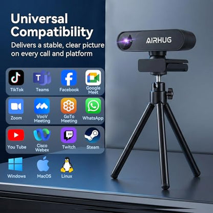 AIRHUG 4K UHD USB Webcam No Mic with Privacy Cover, USB Camera | 16MP Sony Sensor, PDAF Fast Focus, 63° Gold FOV, Auto Light Correction, Privacy Cover for Secure Meetings - style: 4K Webcam Without Mic
