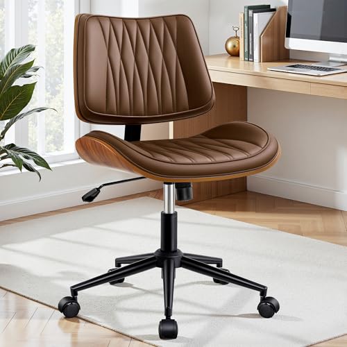 Ergonomic Armless Office Desk Chair - Mid-Century Modern Khaki Faux Leather with Diamond Stitch, Adjustable Height Swivel Rolling Task Computer Chair with Walnut Accent for Home Office, Study & Work - color: Khaki, size: 1 Pack