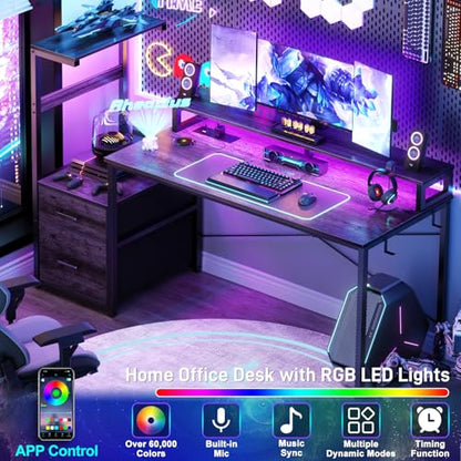 Aheaplus Gaming Desk with LED Strip & Power Outlet, 59Inch Reversible Computer Desk with Monitor Stand & Storage Shelves, Home Office Desks with Fabric File Drawer, Gamer Table PC Desk, Black Oak - color: Black Oak