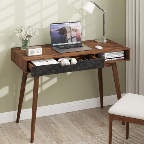 Tangkula Mid Century Modern Desk, Home Office Standing Desk w/Drawer & Open Compartment, Small Computer Desk Work Study Table, Vintage Writing Desk Wooden Workbench for Bedroom/Living Room