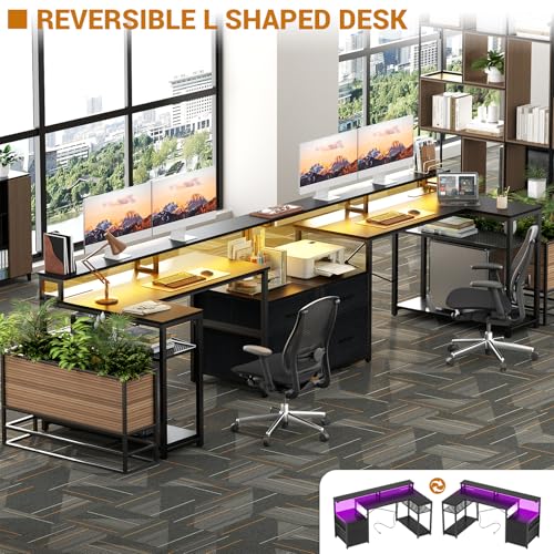 Aheaplus L Shaped Desk with File Drawer, Reversible L Shaped Gaming Desk - color: Black