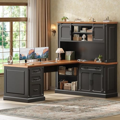 SEDETA 67" Farmhouse Executive L Shaped Desk with Hutch | Office Desks with 4 Drawers & Storage,Executive Desk,File Drawer,Power Outlet,Black+Brown - color: Black+brown, size: 67" L Shaped Desk with Hutch