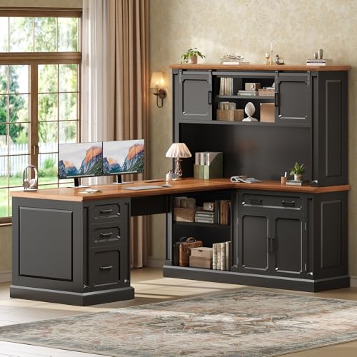 SEDETA 67" Farmhouse Executive L Shaped Desk with Hutch - color: Black+brown, size: 67" L Shaped Desk with Hutch