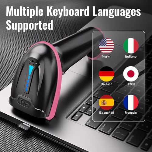 Tera Barcode Scanner with Battery Indicator: 1D Wireless, 5100 Pink | USB Wired 2.4G Wireless Reader, 2200mAh Battery, 1D Laser Scanning, IP54 Protection, Retail Checkout Warehouse Library School - color: 1D Pink