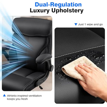 AreShark Executive Office Chair - 400lbs Heavy Duty Ergonomic Desk Chair with Comfy Cushion, High Back Breathable Leather Computer Chair with Flip-up Arms & Rocking Function for Home Office - color: Ebony