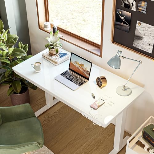 BANTI Electric Standing Desk with Drawers, 55 inch Whole-Piece Glass Desktop, Height Adjustable Stand up Sit Stand Home Office Ergonomic Workstation, White Tabletop - color: White, size: 55 Inch