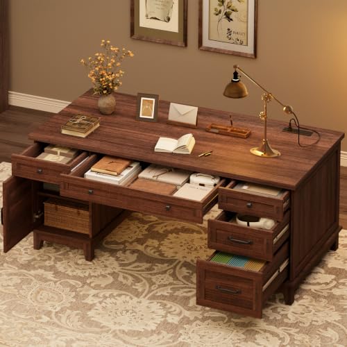 GarveeHome Executive Desk with File Drawers, Farmhouse Home Office Desk with Charging Station, 60 in Wooden Computer Desk with Cabinet Storage for Work Study Writing, Walunt Brown - color: Walunt Brown