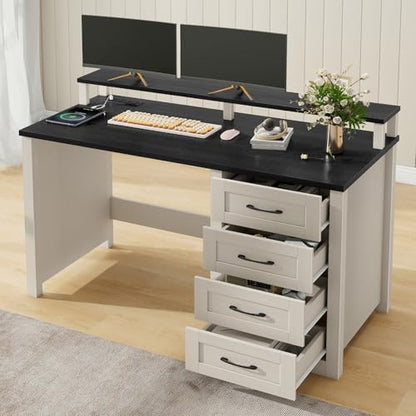 Vabches 47" Farmhouse Executive Desk with 4 Drawers and LED Lights, Black - color: Black, size: 4 Drawers & Monitor Stand
