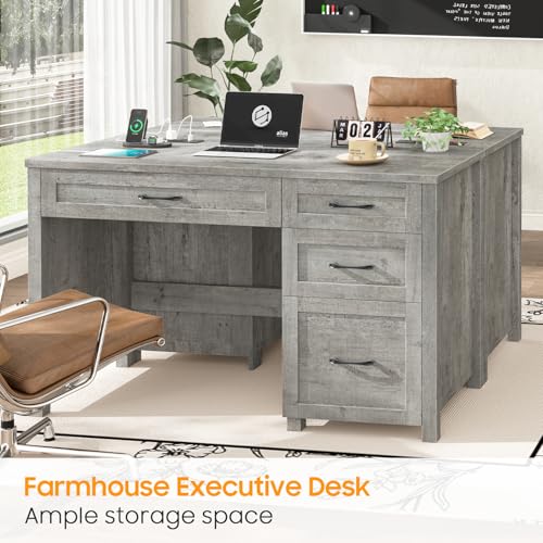 Vabches Farmhouse 47" Computer Desk, Executive Desk with File Drawer, Grey | Workstation, Charging Station, for Study, Home Office - color: Grey