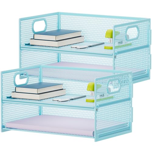 Marbrasse 2 Tier Paper Organizer Letter Tray, Mesh File Organizer with Handle, Paper Sorter Desk Organizer for Home Office Supplies - 2P Blue - color: Blue 2-pack