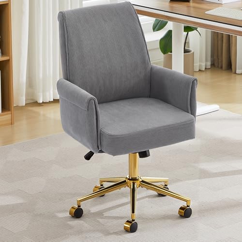 YITAI Stripes Velvet 360°Swivel Desk Chair, Modern Height Adjustable Home Office Armchair with Gold Base and Wheels for Vanity, Comfy Computer Chair for Study Living Room Bedroom（Gray） - color: Grey