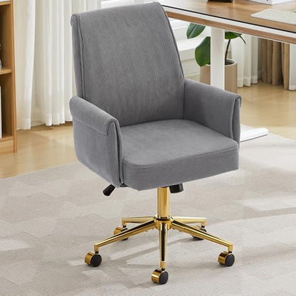 YITAI Stripes Velvet 360°Swivel Desk Chair, Modern Height Adjustable Home Office Armchair with Gold Base and Wheels for Vanity, Comfy Computer Chair for Study Living Room Bedroom（Gray） - color: Grey