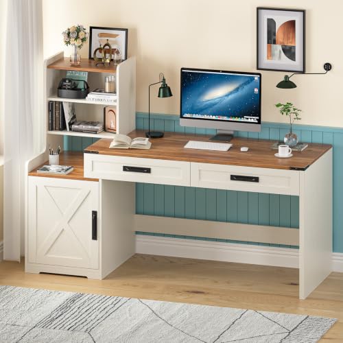 60" Computer Desk with Drawers & Bookshelves for Bedroom, Home Office - color: Antique White