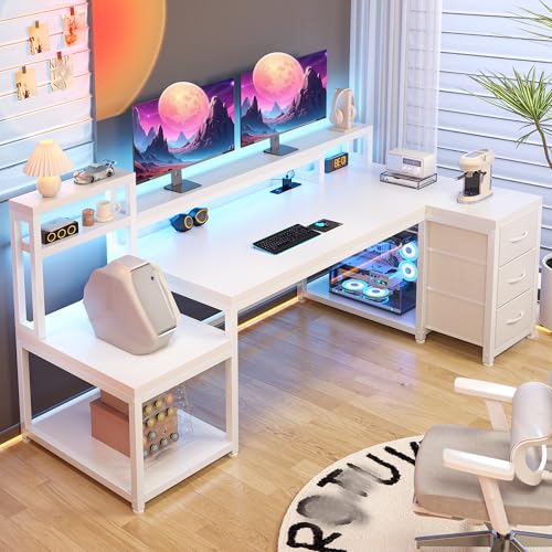 EnHomee71 White L Shaped Desk with Drawers,Printer Shelf for Home Office | 3 Fabric Drawers, Printer Stand & Shelves; Organize Office and Study Supplies for Tidy Bedroom & Study Space,White - color: White