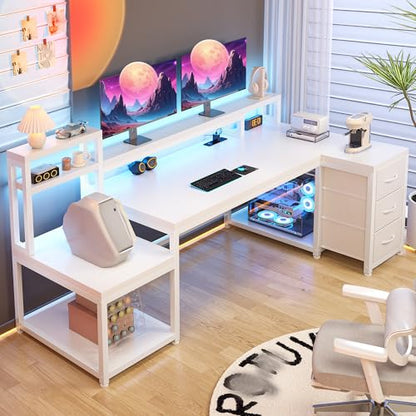 EnHomee71 White L Shaped Desk with Drawers,Printer Shelf for Home Office | 3 Fabric Drawers, Printer Stand & Shelves; Organize Office and Study Supplies for Tidy Bedroom & Study Space,White - color: White