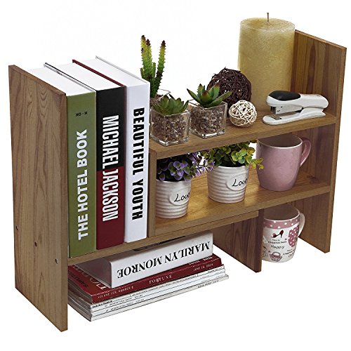 MyGift Adjustable Brown Solid Wood Desktop Storage Organizer Display Shelf Book Rack, Home Office Desk Decor Bookshelf - color: Brown