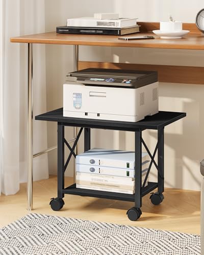 Printer Stand, 23.6" Under Desk Printer Table with Locking Wheels and Adjustable Feet, 2-Tier Heavy Duty Printer Cart with Shelf, Large Storage Rack for Home Office, Living Room, Black TPS01BB - color: Black