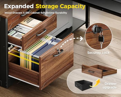 AODK 61" L Shaped Office Desk, Wood Drawers & Lockable File Cabinet, Walnut | Reversible, 21.7" Deep Desktop, 3 Outlets & 2 USB Ports, Engineered Wood & Steel Frame, Legal Storage - size: 61 Inch