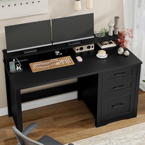 Vabches 47" Farmhouse Executive Desk with 3 Drawers,LED Lights,Pure Black - color: Pure Black, size: 3 Drawers & Monitor Stand