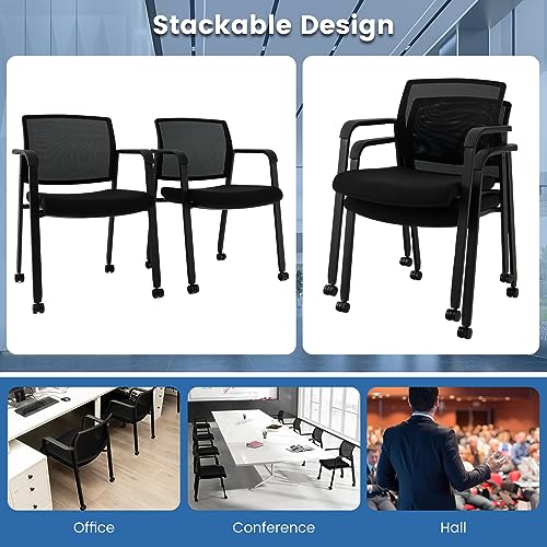 Tangkula Rolling Conference Room Chairs Set of 6, Stackable Office Guest Mesh Chairs with Armrests and Wheels, Ideal for Waiting Room Office, School, Lobby (Black) - color: Black, size: Set of 6