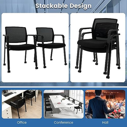 Tangkula Rolling Conference Room Chairs Set of 8, Stackable Office Guest Mesh Chairs with Armrests and Wheels, Ideal for Waiting Room Office, School, Lobby (Black) - color: Black, size: Set of 8
