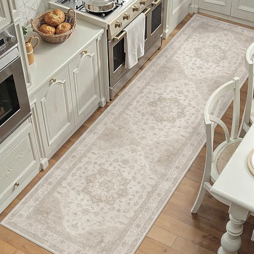 PureCozy Beige 2.6x8 Washable Runner Rug Vintage Oriental Medallion Carpet | Soft Low Pile, Non Slip, Stain Resistant, Neutral Retro Decor for Hallway, Entryway, Bedroom, Kitchen, Entryway - color: Beige, size: 2'6" x 8' (Runner)