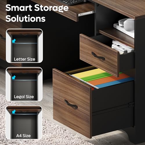 Bestier 59” Computer Desk with 4 Drawers, Office Desk with Storage, Industrial Executive Desk with File Drawer, Keyboard Tray & 2 Pedestals for Home Office & Studio, Cherry - color: Cherry