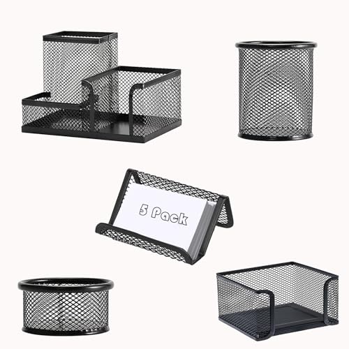 Moonlik Desk Organizers and Accessories Set, Mesh Pen Holder,Office School Home Desktop Supplies for Clip Phone Sticky Notes,Mail, Caddy Storage Baskets(Black,5 Piece Set) - style: 5pcs desk organizers