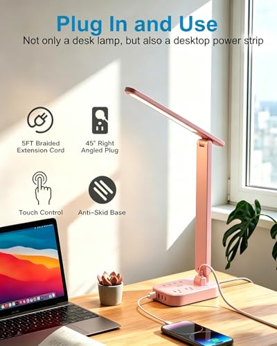 LED Desk Lamp, Power Strip with 4 USB 3 Outlets, Dorm Room Essentials, Pink - color: Pink, size: 5 Ft