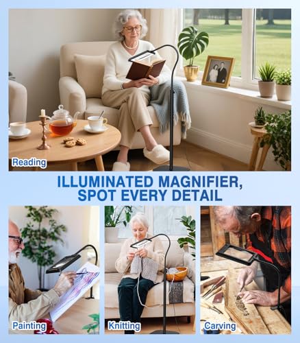 MoKo 10X Large Magnifying Glass with Light and Stand, Flexible Gooseneck Floor Magnifying Lamp with 5 Color Modes, 3-in-1 LED Lighted Desk Lamp Magnifiers for Reading, Close Work, Sewing, Crafts