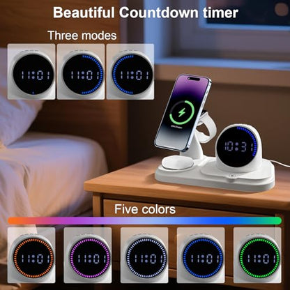 6-in-1 Wireless Charging Station with Bluetooth Speaker,Digital Clock and Ambient Lights,Fast Wireless Charger for Multiple Devices for Apple - iPhone 17 16 15 14 13 12 Pro Max Apple Watch Airpods