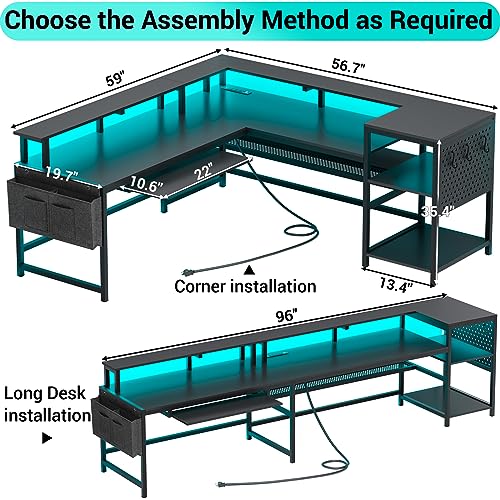SEDETA L Shaped Gaming Desk, Reversible Computer Desk, Gaming Desk with Power Outlets & LED Strip, Monitor Shelf, Keyboard Tray, Pegboard and Storage Shelves for Home Office, Black - color: Black