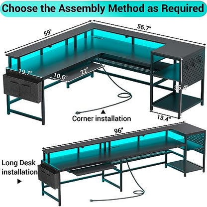 SEDETA L Shaped Gaming Desk, Reversible Computer Desk, Gaming Desk with Power Outlets & LED Strip, Monitor Shelf, Keyboard Tray, Pegboard and Storage Shelves for Home Office, Black - color: Black