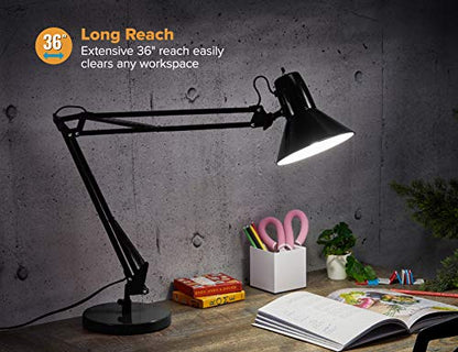 Bostitch Office VLF100D Swing Arm Desk Lamp, Metal, 36" Reach with Multi-Joint Adjustment, Includes Replaceable LED Bulb (VLF), Black - size: Desk 36" Reach, style: Base, Black