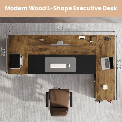 78" Executive Desk with Lockable File Cabinet, L Shaped Office Desk with Power Outlets, Large Executive Desk with Drawers and Storage Shelves, Reversible Computer Desk, Rustic Brown - color: Rustic Brown