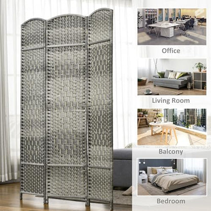 HOMCOM 3 Panel Room Divider 6 Ft Privacy Screen Hand-Woven Mixed Gray | Folding PP Wall Partition, Pine Wood Frame, Freestanding Room Separator, Bedroom Home Office, No Assembly - color: Mixed Gray, size: 3 Panel