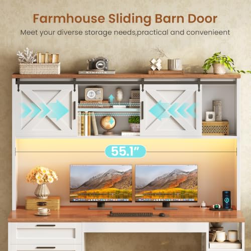 SEDETA 55.1" Farmhouse Desk with Hutch & 3 Storage Drawers - color: White and Brown, size: Desk with Hutch (55")