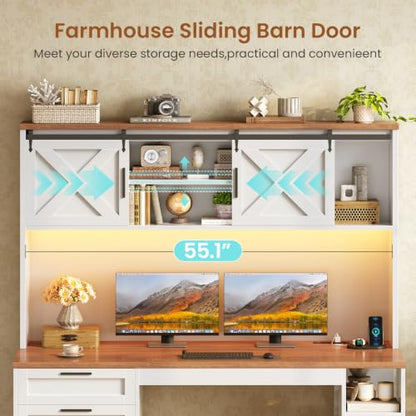 SEDETA 55.1" Farmhouse Desk with Hutch & 3 Storage Drawers - color: White and Brown, size: Desk with Hutch (55")