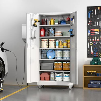 Aobabo Steel Garage Cabinet with Wheels, 71" H x 32" W x 16" D, White | 5 adjustable shelves, lockable doors, pegboard panel and 4 casters with 2 locking brakes; assembly required. - color: White, size: 16"D x 32"W x 71"H-0 Drawers