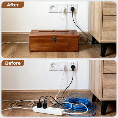 Cable Management Box with Clasp, Soild Wood Cord Box with 4 Open Slots, Cable Box to Hide Cords and Power Strip - size: Medium