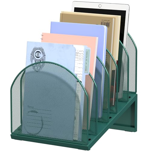 5-Section Desk File Organizer | Metal Mesh Folder Organizer for Documents, Mail & Office Papers (Green) - color: Green