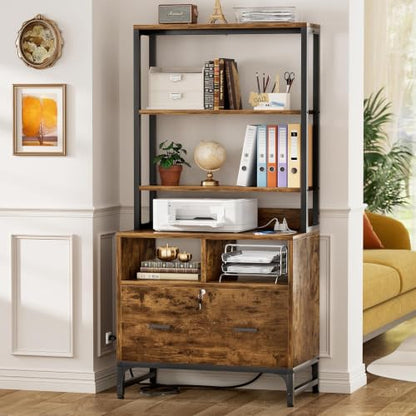 Homieasy Vertical File Cabinet with Shelves and Charging Station - color: Rustic Brown