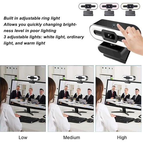 1080P HD Webcam with Microphone, Computer Web Camera Wide Angle with Adjustable Ring Light for Wins for OS X, USB Webcam for Video Streaming Conference