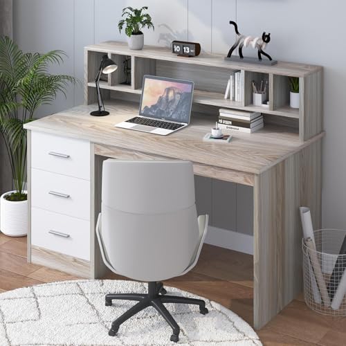 MaverickFurni Home Office Desk with Drawers, 46" Small Desk for Bedroom, Computer Desk with Hutch and Drawers, Study Desk with Storage, White and Walnut - color: White and Walnut